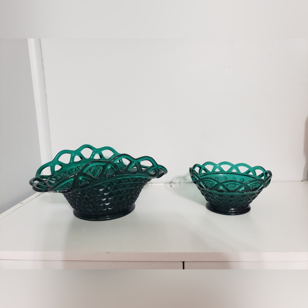 Cane and Button Open Lace Edge Imperial Glass dishes (2)